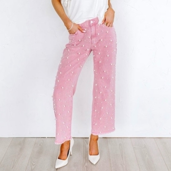 POL Pearl Jeans Pink Embellished Denim Statement High Rise Size Small - Picture 3 of 16
